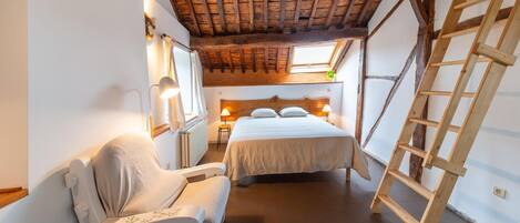 A narrow room with a wooden ceiling, a bed, a chair, and a ladder.