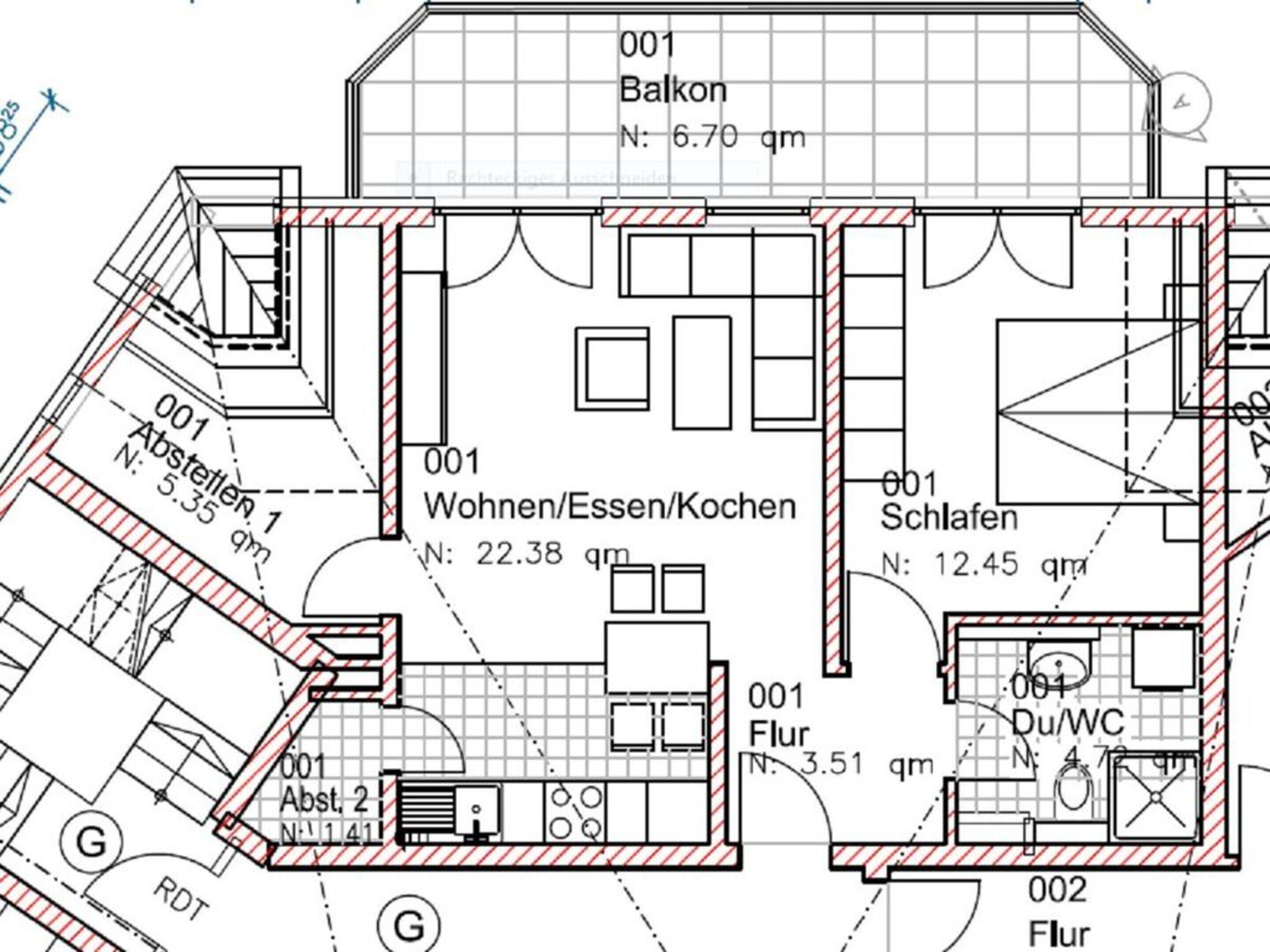 A floor plan of a building with labeled rooms including a balcony, living room, bedrooms, and bathrooms.