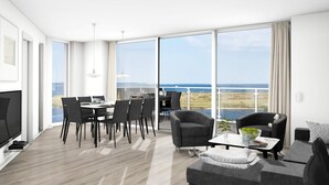 A modern living room with a dining area, large windows, and a view of the sea. - Holiday Home in Wendtorf (Wendtorf)