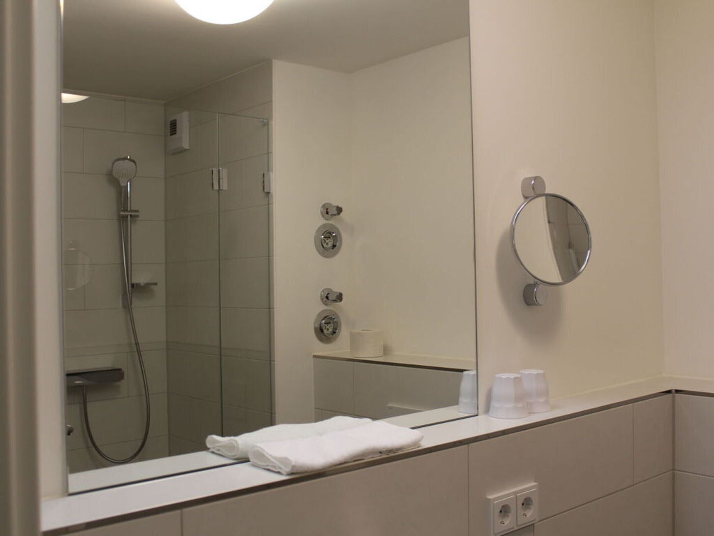 Een moderne badkamer met een douchecabine van glas, een grote spiegel en een handdoekrek.