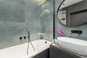 Shower, hair dryer, shampoo