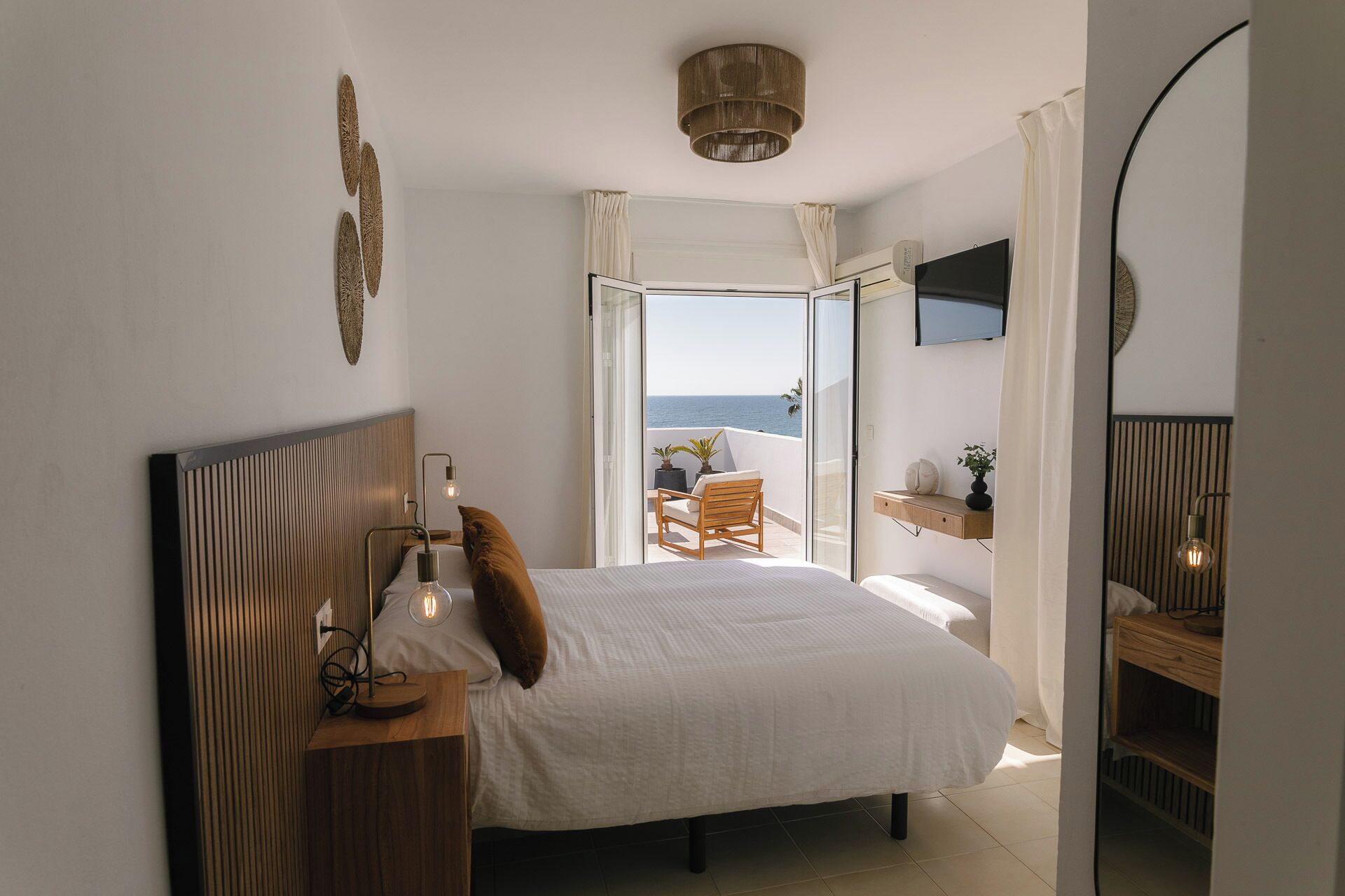 Panoramic Double Room, Beach View | Premium bedding, down duvets, memory-foam beds, minibar
