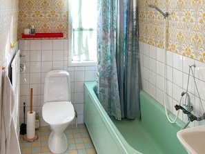 A bathroom with a toilet, a bathtub, and a shower.