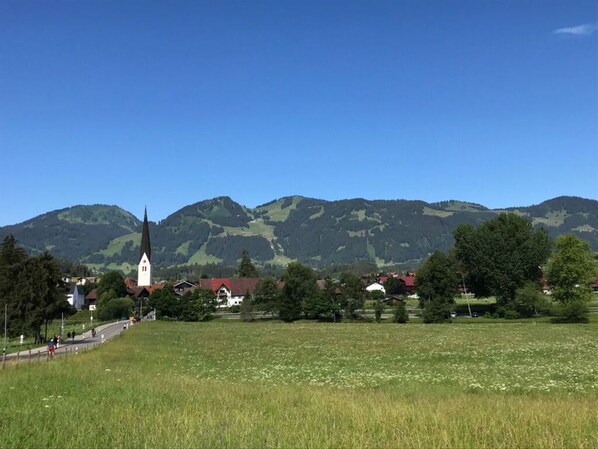 A rural landscape with a church, houses, and mountains.