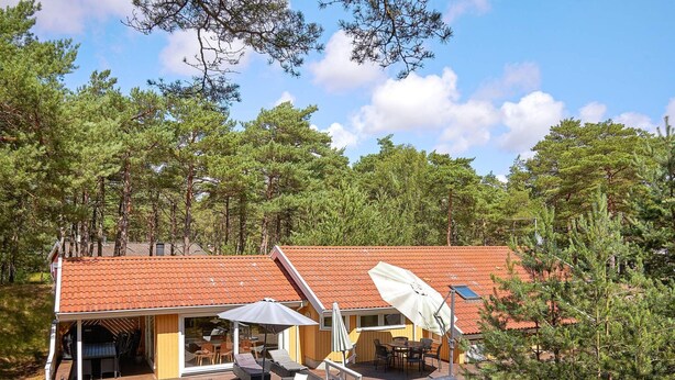 A cabin with a red-tiled roof, a covered patio with outdoor furniture, and a satellite dish. - 8 Person Holiday Home in Nexo-by Traum (Nexø)