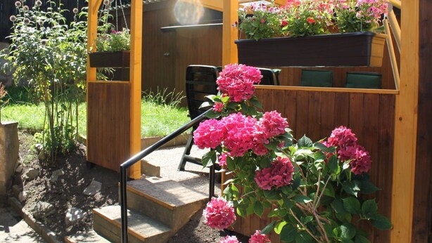 A wooden pergola with a glass roof, a staircase, and hanging flower planters. - 2 am Lustgarten Modern Retreat (Wernigerode)