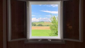 A window with a view of a green field and a clear sky.