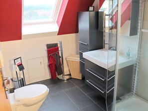 A modern bathroom with a white toilet, a glass shower enclosure, and a vanity with a mirror. - Am Lustgarten Modern Retreat (Wernigerode)