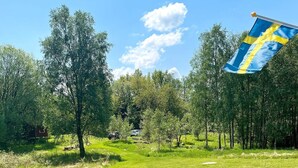 A grassy field with trees and a Swedish flag. - 6 Person Holiday Home in Mardaklev-by Traum (Mårdaklev)