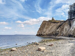A rocky shoreline with a cliff and a tree on top, overlooking a calm body of water.