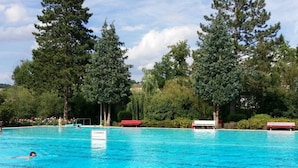 Une piscine entourée d’arbres.