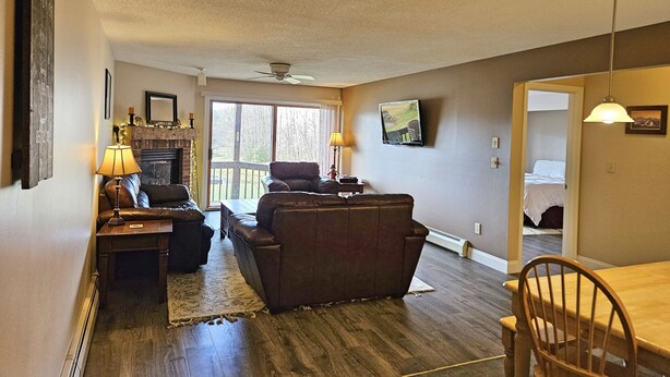 A spacious living room with a fireplace, leather sofas, a dining table, and a television mounted on the wall. - 1st floor, FP, mtn & pond view, deck, pool, pet-friendly. F1663 by LRS (Lincoln)