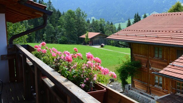 A wooden cabin with a red-tiled roof, surrounded by a lush green landscape and mountains in the background. - Holiday Apartment Schiechtele 2 (Pfronten)