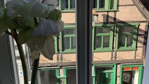 A window with a view of a building with green window frames and a white flower in a vase. - Cathedral Whispers Modern Retreat (Schwerin)