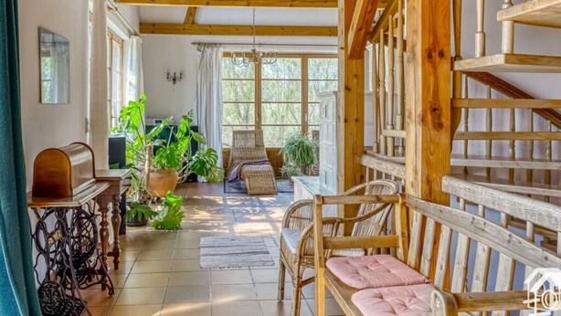 A rustic interior with wooden beams, a wooden bench with cushions, and potted plants. - Peter Lassau Modern Retreat (Templin)