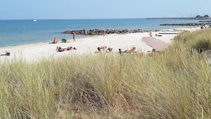 A beach with people sunbathing and swimming, a pier in the background, and a grassy foreground. - 6 Person Holiday Park Home in Saeby (Sæby)