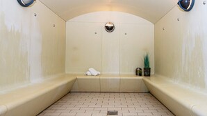 Una sala de sauna con bancos, un asiento en banco, un calentador empotrado y una planta en maceta.