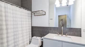 Shower, hair dryer, towels