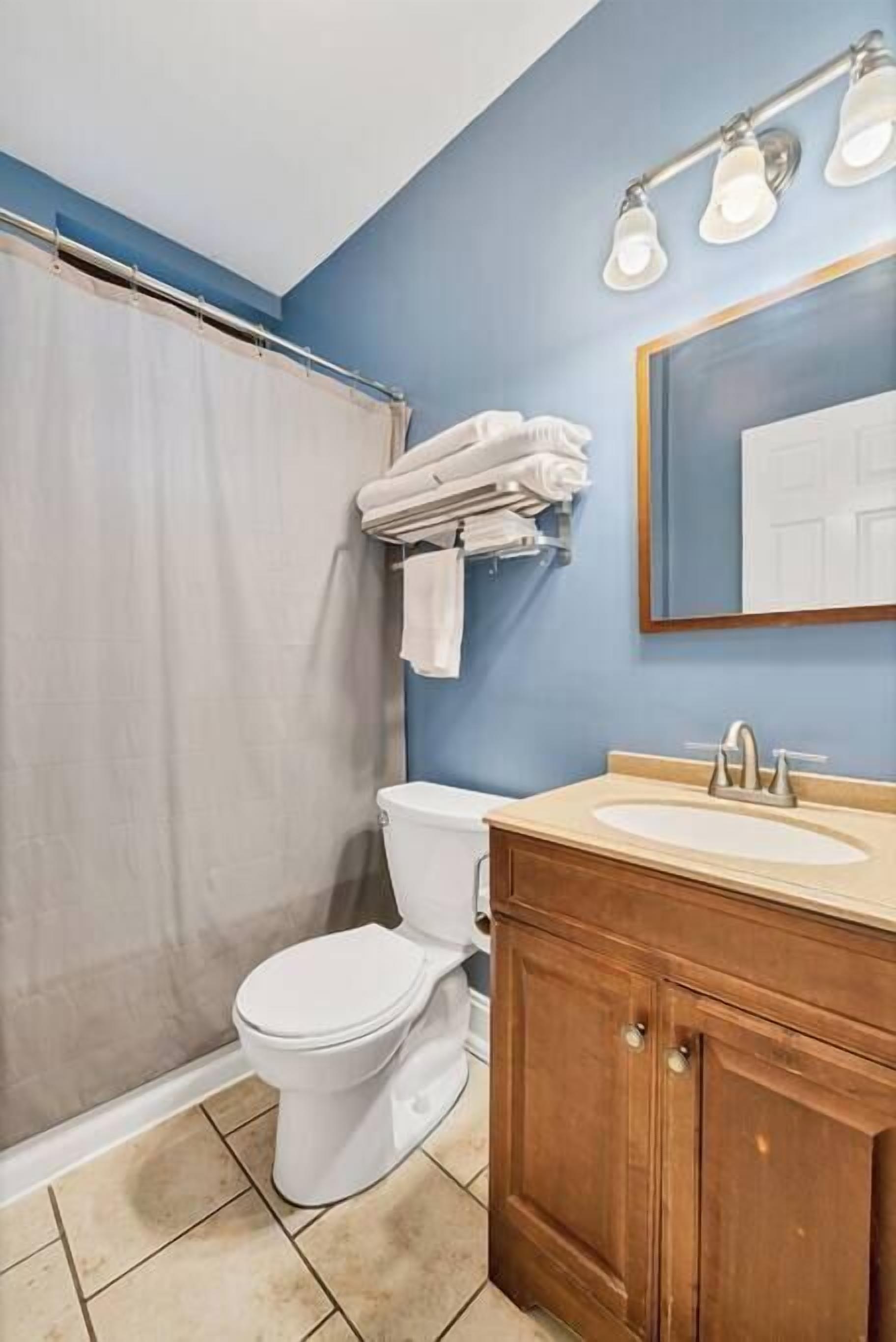 Een badkamer met douchegordijn, toilet, wastafel met spiegel en handdoekrek.