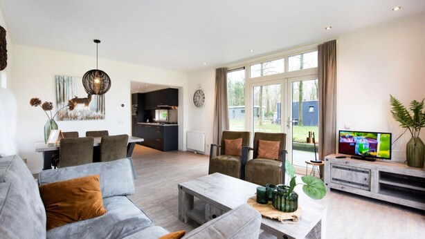 A modern living room with a grey sofa, a coffee table, and a TV on a wooden stand. There is a dining area with a table and chairs, and a kitchen in the background.