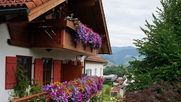 A traditional chalet with a balcony adorned with colorful flowers, wooden shutters, and a view of the surrounding landscape. - Bader Modern Retreat (Blaichach)