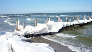 A beach with a wooden breakwater partially covered in snow.