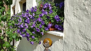 A building with a stucco exterior, a window with purple flowers, and a decorative glass globe.