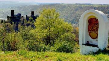 A cemetery with a prominent tombstone featuring a detailed carving, surrounded by lush greenery and a distant castle-like structure.