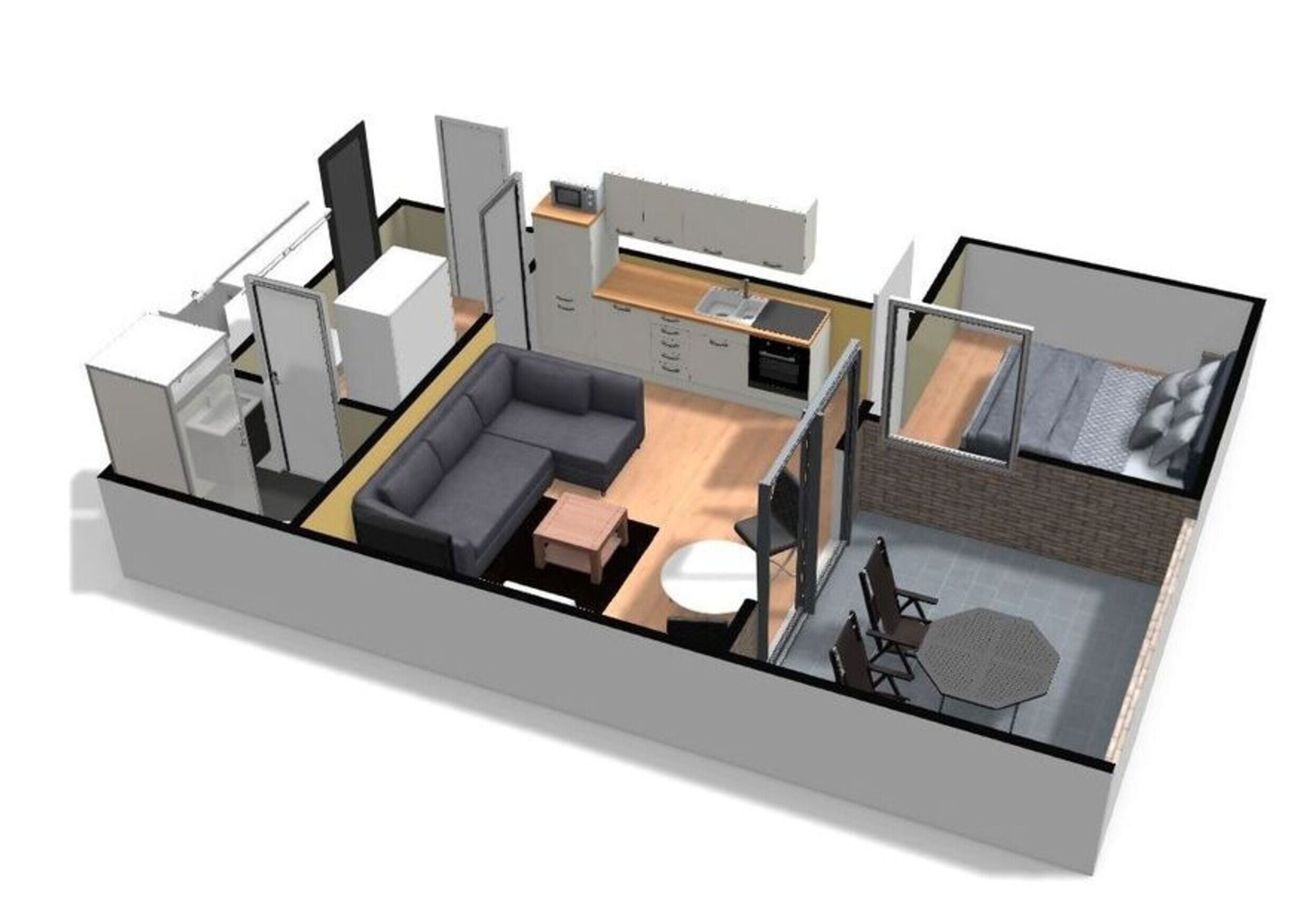 Distribución en 3D de una habitación de hotel compacta con sofá, una pequeña mesa de comedor, una zona de descanso separada con cama y una kitchenette.