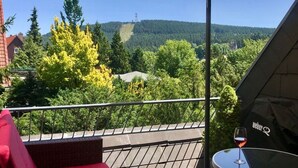 Ein Balkon mit Tisch und Weinglas, Blick auf eine bewaldete Landschaft mit einem Berg in der Ferne.