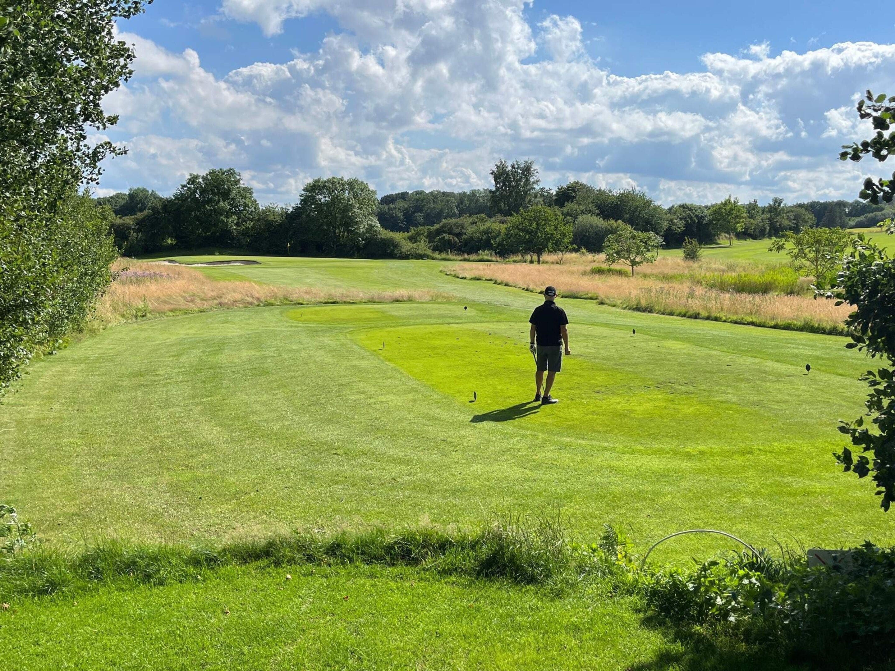 Un terrain de golf avec une personne debout sur le green, entourée d’arbres et de vastes zones d’herbe.