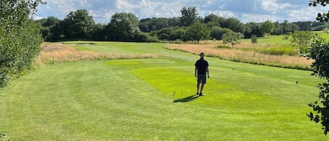 Un campo de golf con una persona de pie en el green, rodeado de árboles y zonas de césped abierto.