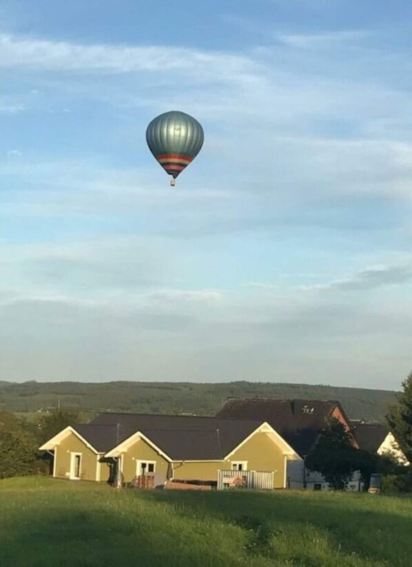 A hot air balloon flying over a residential area with houses in the foreground. - Muskan Modern Retreat (Üxheim)