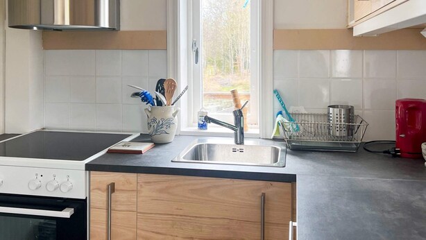 A kitchen with a stainless steel range hood, a built-in oven, a sink with a faucet, and wooden cabinets. - 4 Person Holiday Home in Hovmantorp (Hovmantorp)