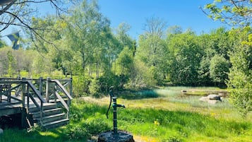 A wooden deck with a rustic bench, a small pond, and lush greenery.