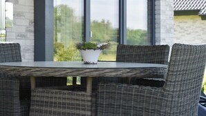 A modern outdoor dining area with wicker furniture and a potted plant. - My Baltic Sea Place House by the sea 7 (Niesgrau)
