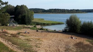 J ärvenrantainen alue, jossa on hiekkaranta, pelastustorni ja taustalla puita.