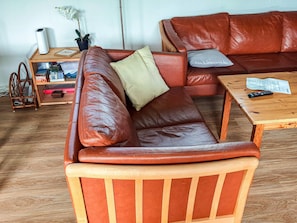Ein braunes Ledersofa mit Holzrahmen, ein kleiner Holztisch mit Fernbedienung und Unterlagen, sowie ein Beistelltisch mit Pflanze und weißem Lautsprecher.