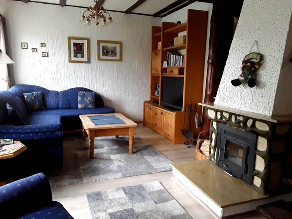 A living room with a blue sofa, a wooden coffee table, a fireplace, and a bookshelf.