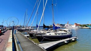 A marina with several sailboats docked at wooden piers, a Ferris wheel in the background, and a large cruise ship visible on the water. - Near the North Sea Modern Retreat (Esens)