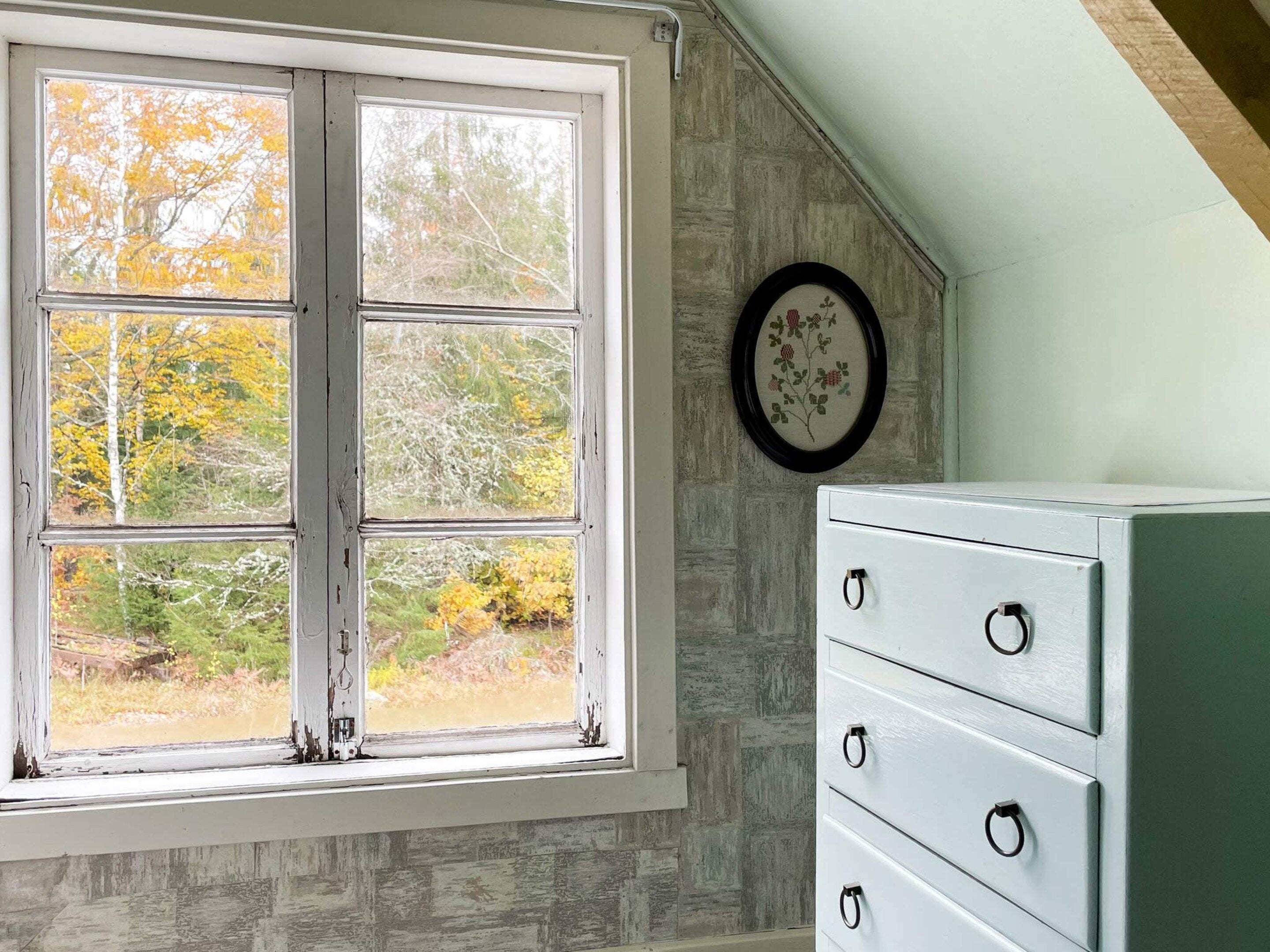 A room with a window overlooking a forest, a dresser with drawers, and a framed picture on the wall.