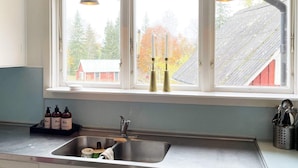 Una cocina con un lavamanos de acero inoxidable, una ventana con vistas a árboles y un edificio, y una estantería con botellas.