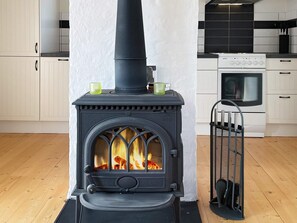 A black wood-burning stove with a glass door, a white oven, and a metal gate in a kitchen. - 3 Person Holiday Home in Grimstorp (Grimstorp)