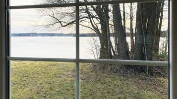 A window with a view of a lake, trees, and a grassy area.