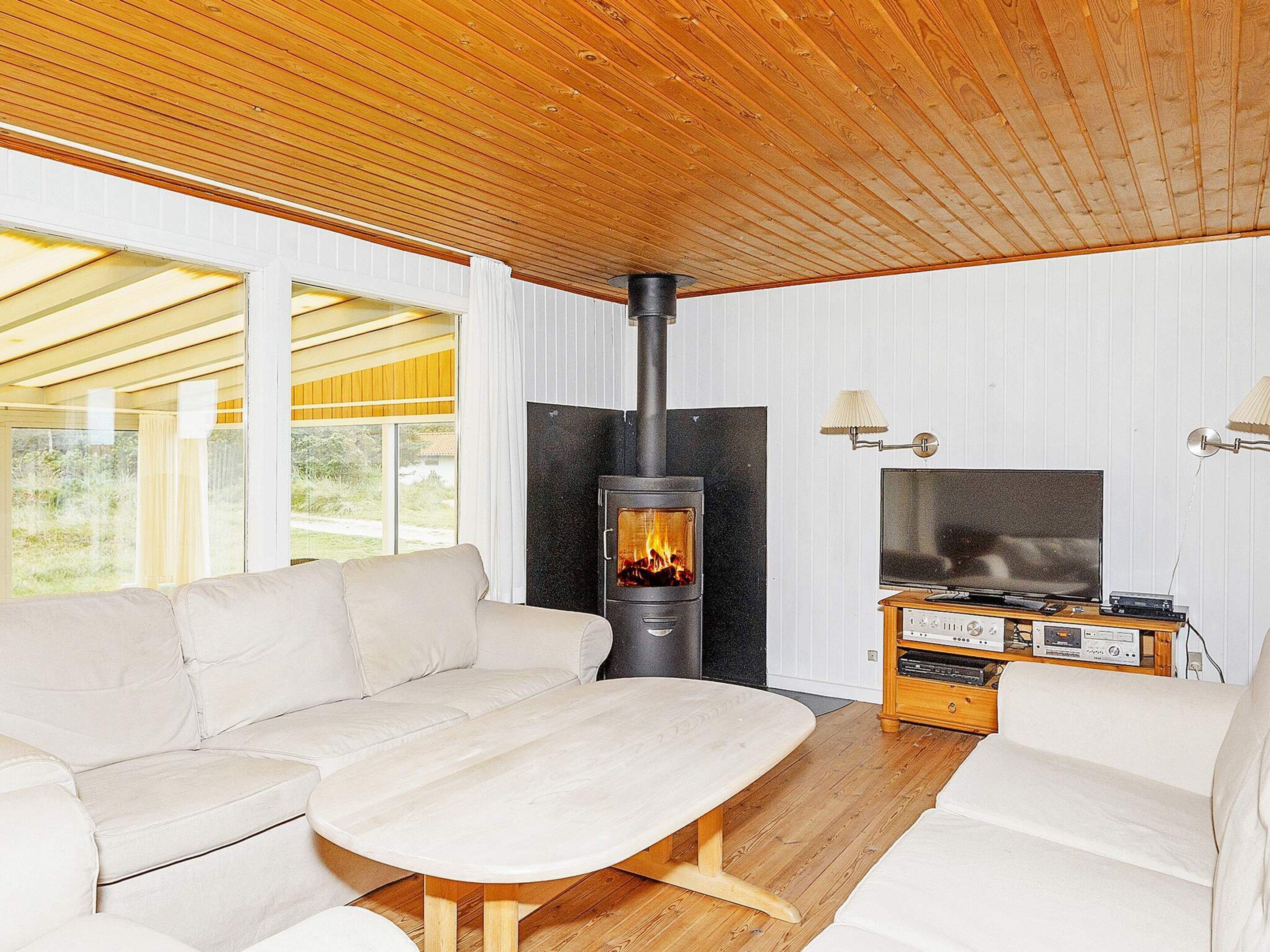 A modern living room with a wood-burning stove, a sofa, a coffee table, and a television.