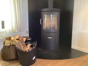 A room with a black wood-burning stove, a black trash bin, and a pile of firewood. - 6 Person Holiday Home in Thisted (Thisted)