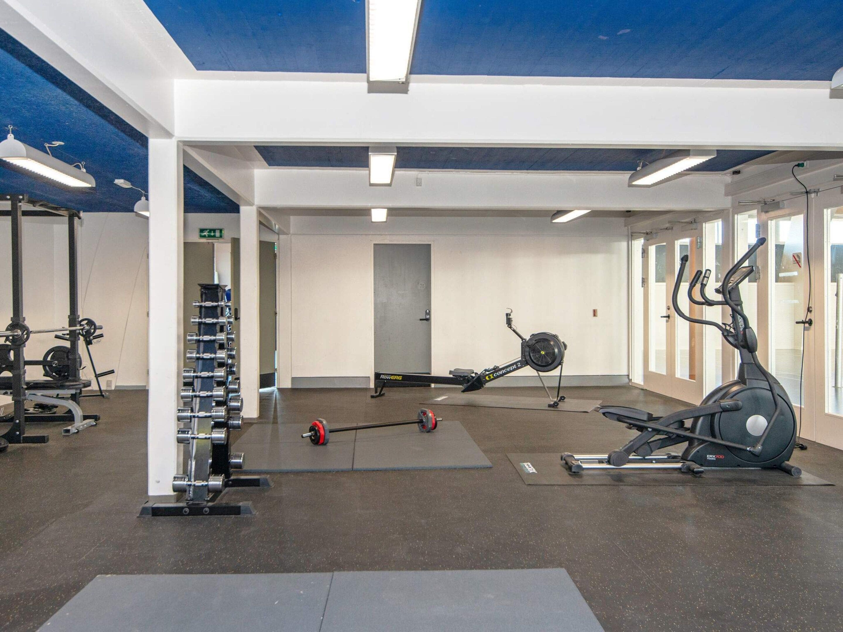 Un gimnasio con equipamiento de levantamiento de pesas, máquinas de cardio y un techo con diseño azul.