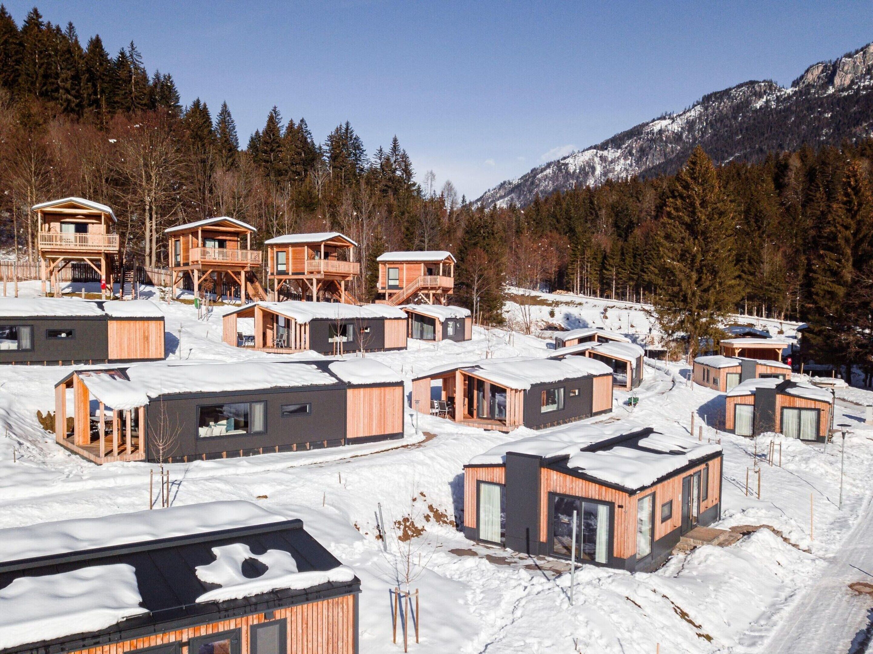 Un ensemble de chalets aux façades en bois et aux grandes fenêtres, entourés d’un paysage enneigé et dominant une montagne boisée.