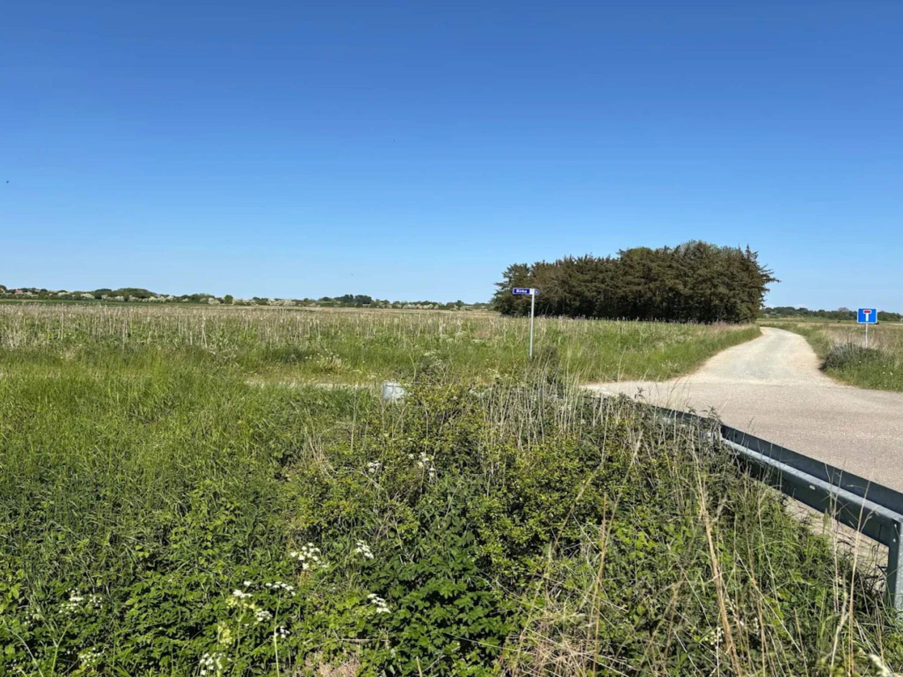 Una carretera rural con un cartel azul direccional y un cartel blanco que indica una intersección en forma de T.