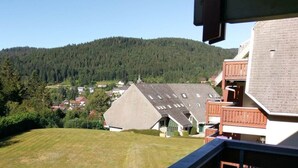 A residential building with a sloped roof, a balcony, and a view of a forested hill. - Todtmoos Modern Retreat (Todtmoos)